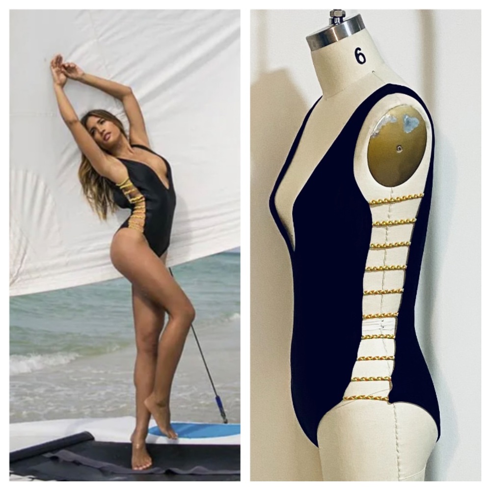 Strappy one piece with multi color braided trim